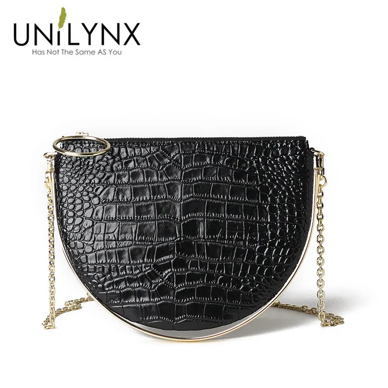 

2018 UNILYNX croc bag new small crowd design Korean version of metal handle croc half moon bag handbag chain mini bag