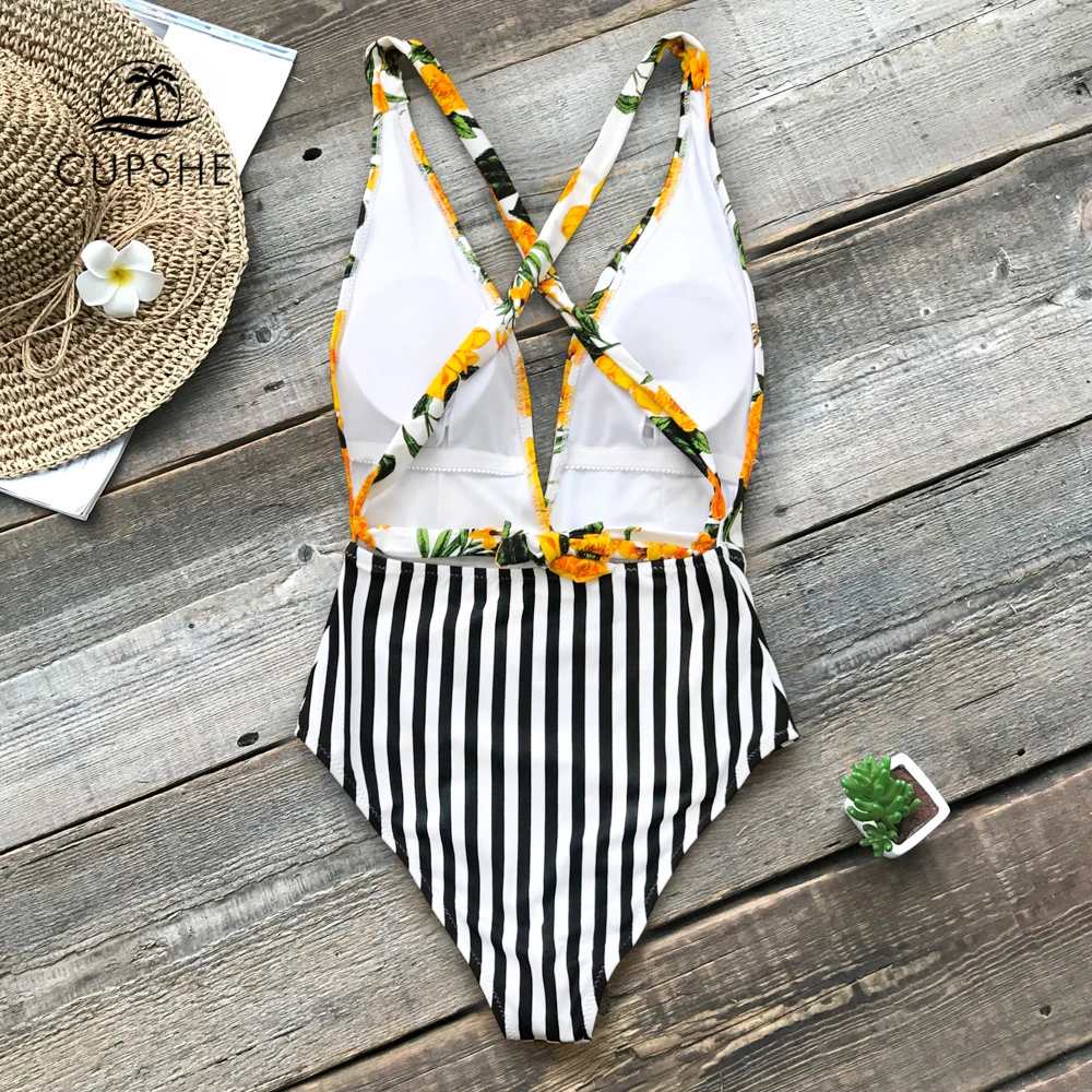 Online CUPSHE Gelb Floral Und Schwarz Streifen Einteiliges Badeanzug Frauen Backless Kreuzmuster Monokini 2020 Boho Strand Badeanzüge