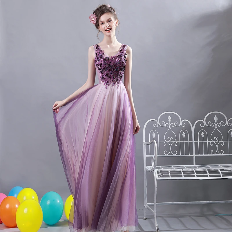 Delicate purple flower Tulle Evening Dresses Beading twinkling stage dress chiffon Party Designs Prom Gown vestido de festa Delicate purple flower Tulle Evening Dresses Beading twinkling stage dress chiffon Party Designs Prom Gown vestido de festa