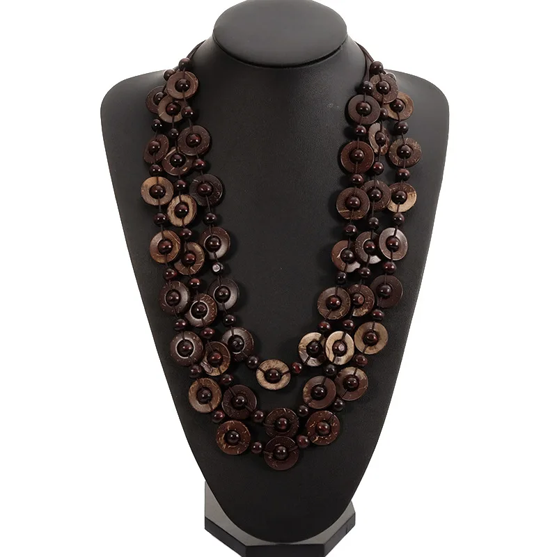 

(23.6 inch )Bohemian Coconut shell Wood Bead Pendant Necklaces Women Ethnic Jewelry Handmade Beaded Hanging Necklace Statement