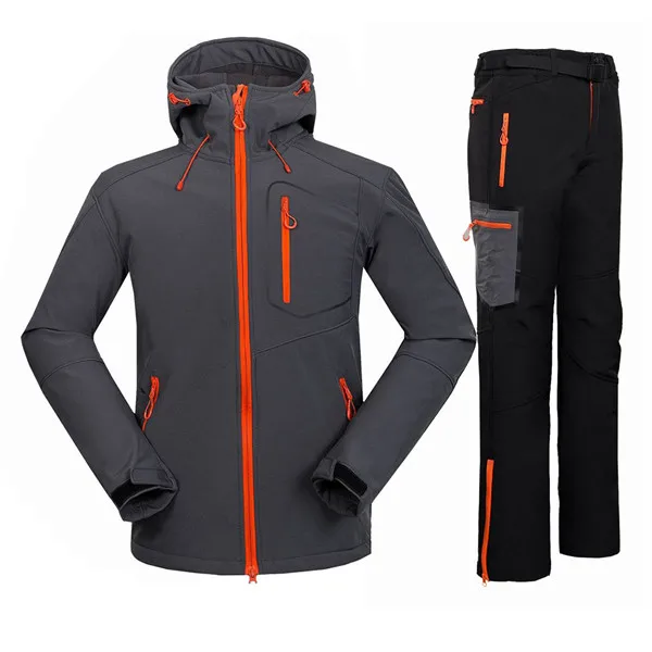 Зимняя водонепроницаемая куртка для альпинизма и горного туризма+ штаны флисовая софтшелл для кемпинга и охоты спортивный костюм для мужчин - Цвет: grey black