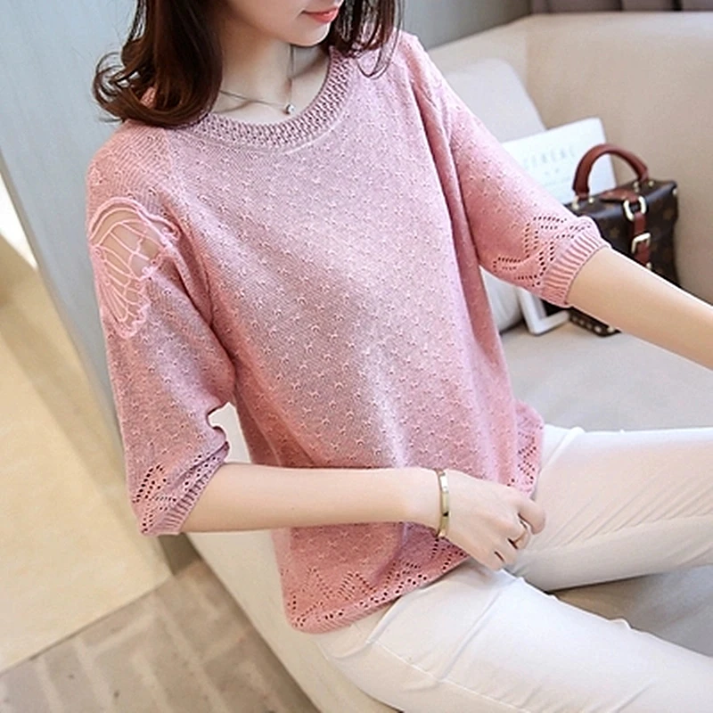 

2019 Spring Korean Version of The Loose Thin Women's Lace Rweater Round Neck Sleeves Bottoming Shirt Wild Pullover Sweater