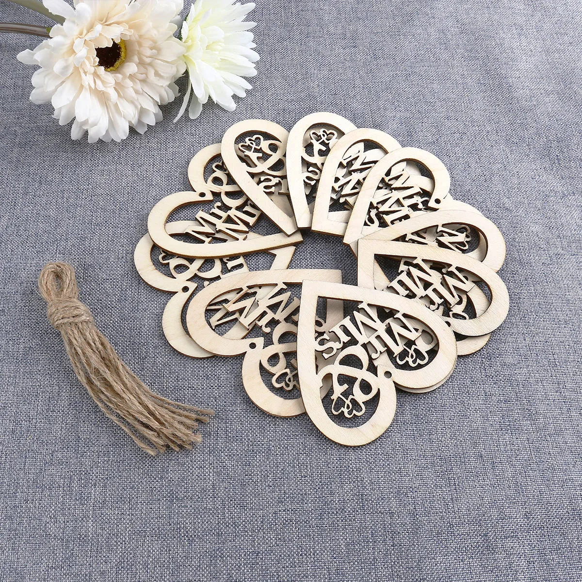 

10pcs Heart Shaped Mr and Mrs Wooden Hanging Ornament Decoration Pendants with String (Wood Color)