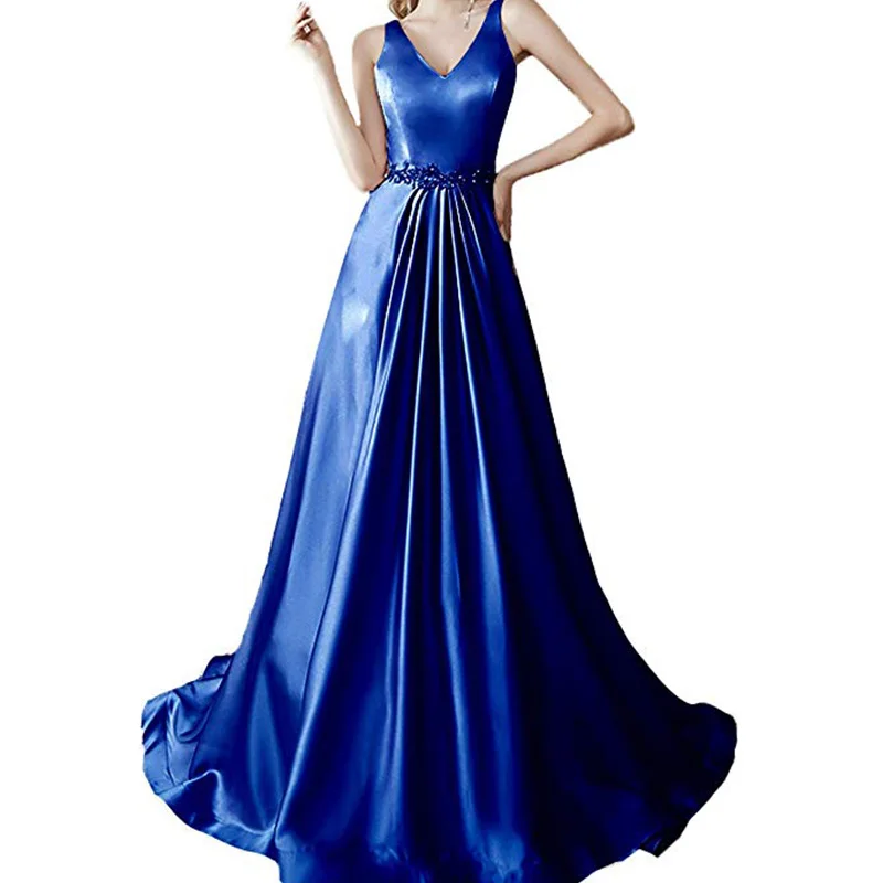 riyal blue Винтажные платья для выпускного из блестящего шелка с v-образным вырезом, вечерние платья для выпускного вечера с бисером на талии - Цвет: riyal blue