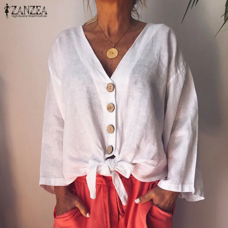 

Stylish V Neck Blusas Women's Blouse Autumn 2019 ZANZEA Vintage Button Down Bow Tunic Female Long Sleeve Shirts Woman Linen Tops