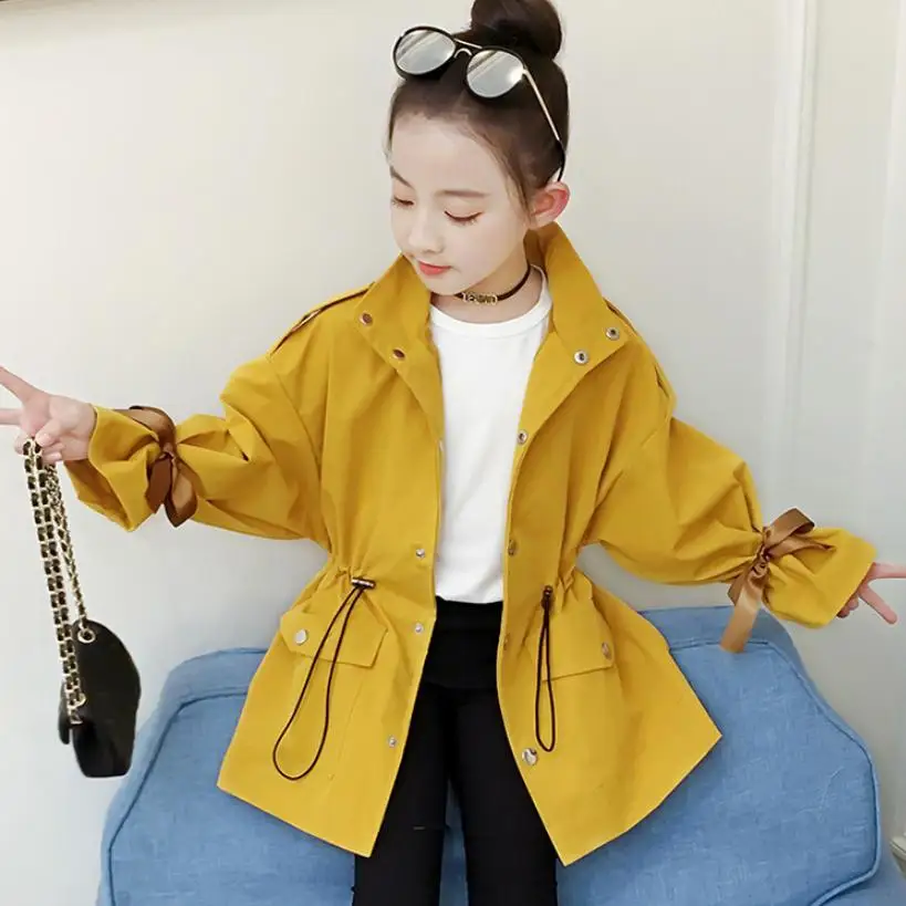 

Girls Windbreaker Jacket 2019 Spring Autumn New Fashion ribbon Children Outerwear Bow Lace Up Girls Coat Modis kids Trench Y1347