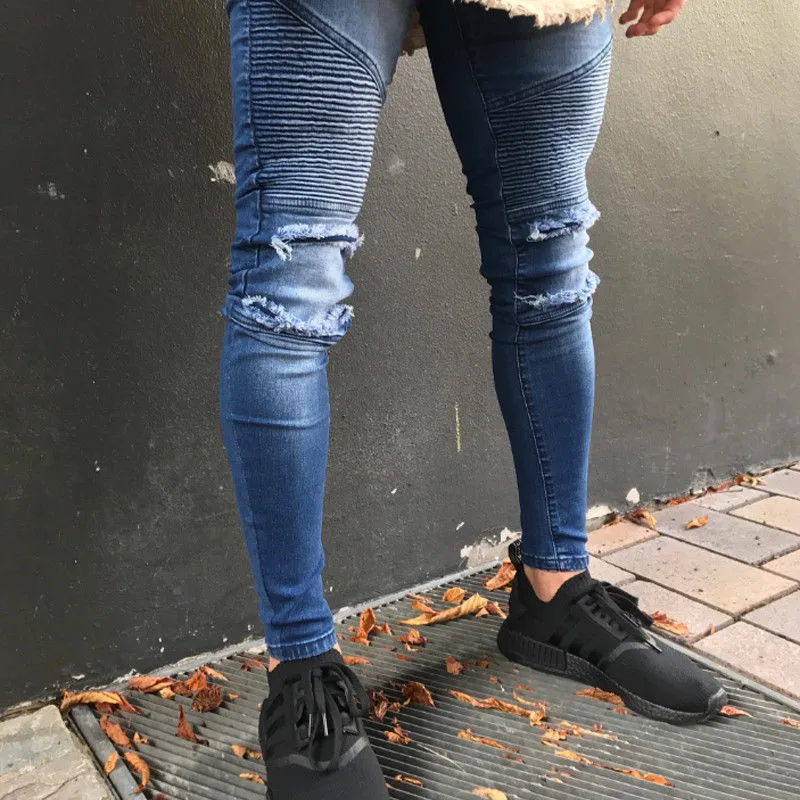 2018 Для мужчин одежда Брюки unif длинные эластичные рваные байкерские джинсы скинни уничтожены тесьмой Slim Fit джинсовые штаны