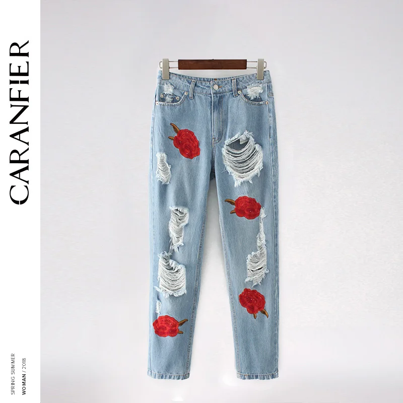 CARANFIER 2018 новые модные женские 3D сексуальные розы элегантные джинсы свободные