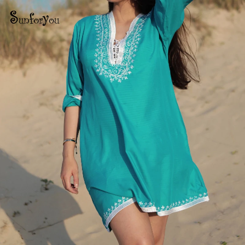 

Embroidery Sarong Bikini Cover up Beach Tunic Pareo de Plage Beach dress Summer Vestidos playa 2019 Mujer Bathing suit cover up