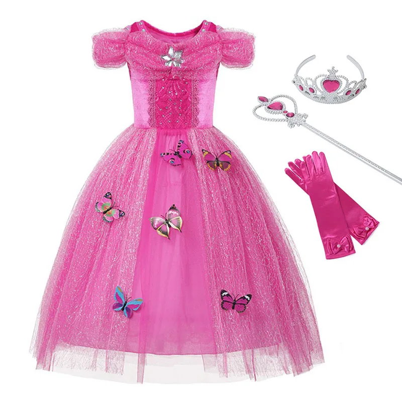 Girls Cinderella Dress up Ball Gown Kids Butterfly Embroidered Elsa Belle Princess Cosplay Costume for Halloween Birthday Party