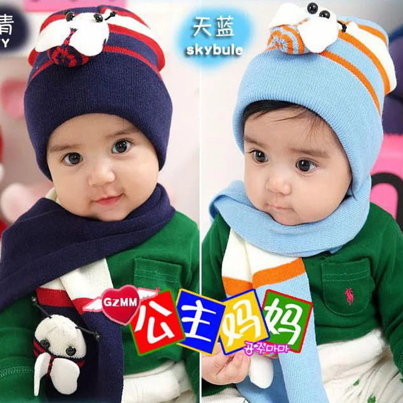 2016 корейские милые Пчелка для маленьких мальчиков вязаные шапки шерсть зима 2 шт. для маленьких девочек шарф шляпа набор возраст для От 1 до 5