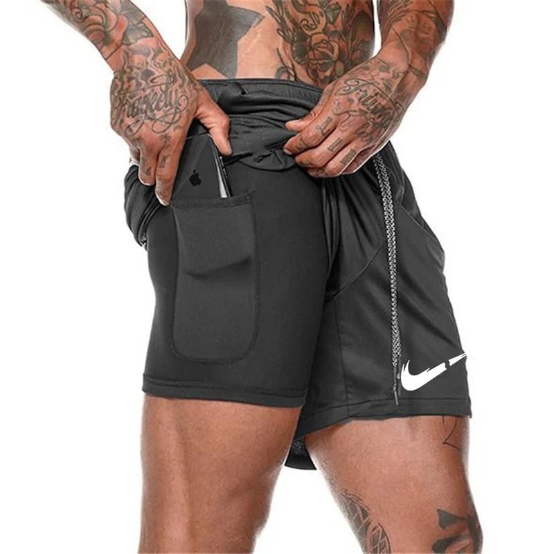 

Quick Drying Running Shorts Men's 2 in 1 Security Pocket Shorts Men Leisure Print Shorts Hips Hiden Zipper Built-in Pockets