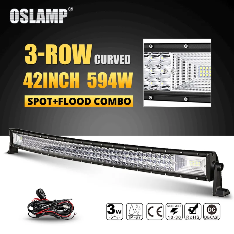 Oslamp 3 ряд 2" 324 Вт 34" 486W 4" 594 Вт 52" 702 Вт изогнутый СВЕТОДИОДНЫЙ светильник бар Offroad светодиодный бар пятно луча СВЕТОДИОДНЫЙ рабочий светильник бар 12v 24v - Цвет: 42inch and wire