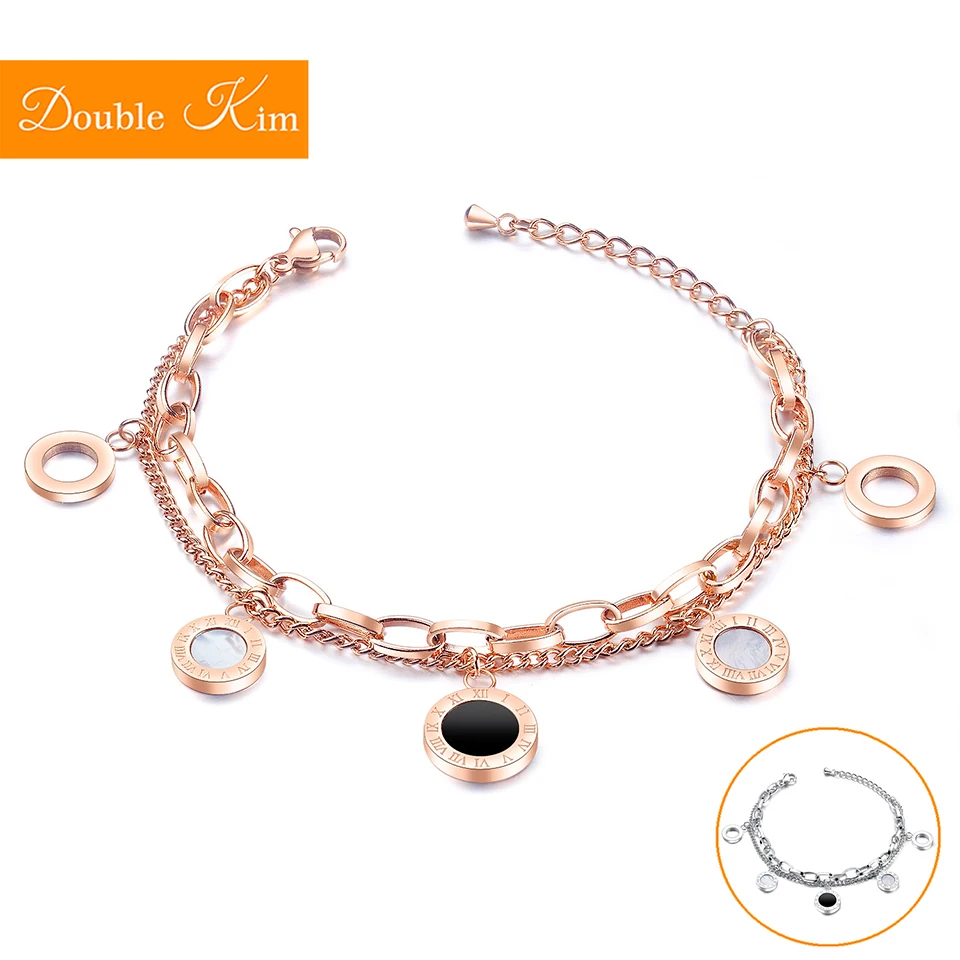 

Roman Shell Disk Bracelet Titanium Stainless Steel Bracelets Rose Gold Silver Color Inlaid Shell Fine Trendy Women Jewelry Gift