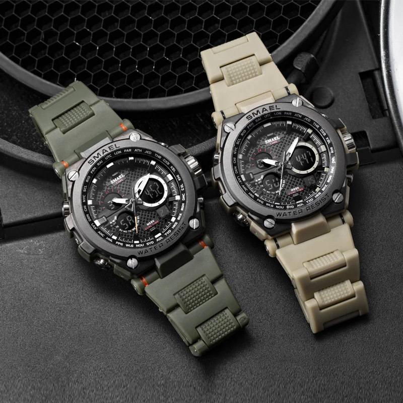 

SMAEL Men Fashion Sport Quartz Clock Mens Watches Brand Luxury Leather Green Military Waterproof Men Dual Display Wristwatches