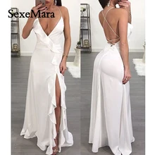 

SexeMara Maxi Party Dress Women Sexy Deep V-Neck Female Halo Ruffles Wrap High Slit Long Dress Summer Elegant Dresses Vestidos