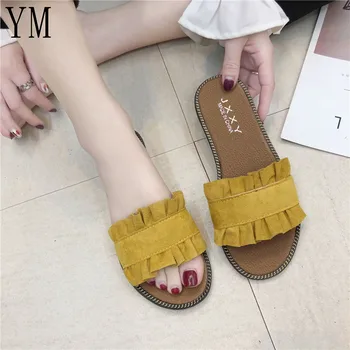 

Summer Hot Sale Women Flip Flops Fashion Solid Color Flounce Flat Heel Sandals Outdoor Slipper Beach Shoes For Female Size 35-40