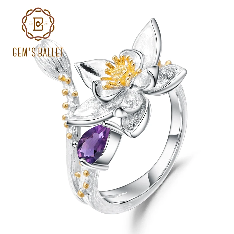 GEM'S BALLET 925 Sterling Silver Handmade Flowers Adjustable Open Ring 0.19Ct Natural Amethyst Gemstone Rings for Women Bijoux GEM'S BALLET 925 Sterling Silver Handmade Flowers Adjustable Open Ring 0.19Ct Natural Amethyst Gemstone Rings for Women Bijoux