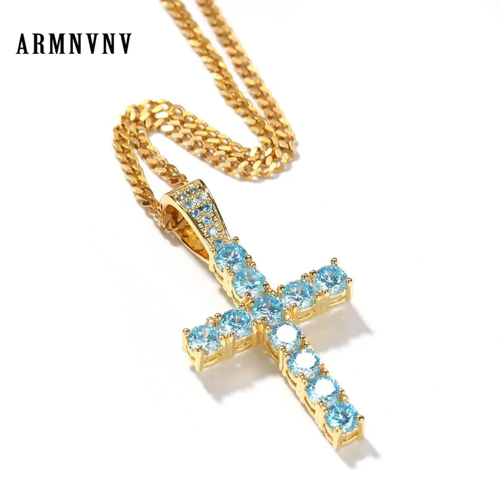 ARMNVNV Hip Hop Sky Blue Cubic Zirconia Cross Pendant Necklaces for Men Jewelry Party Decoration | Украшения и аксессуары
