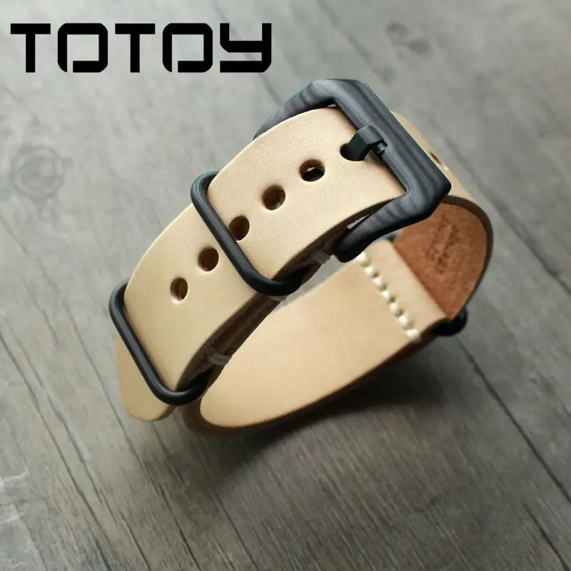 

TOTOY Handmade Primary Color Vegetable Tanned Leather Watchbands, 20MM 22MM Black Hardware NATO Military Style, Fast Delivery