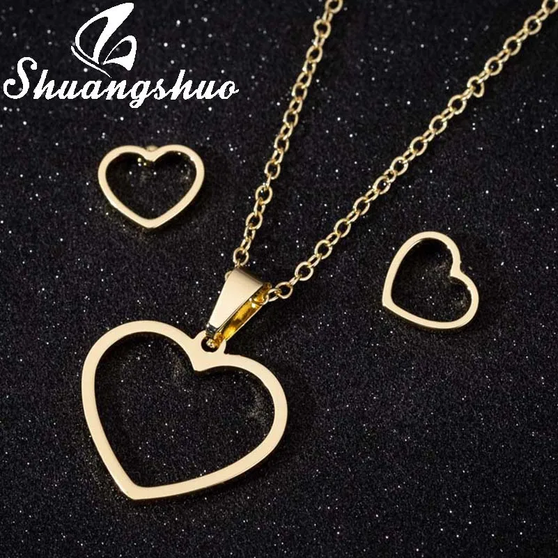 

Shuangshuo Romantic Love Heart Necklaces Pendants for Women Jewelry Set Gold Stainless Steel Earrings Sweet Mother's Day Gifts
