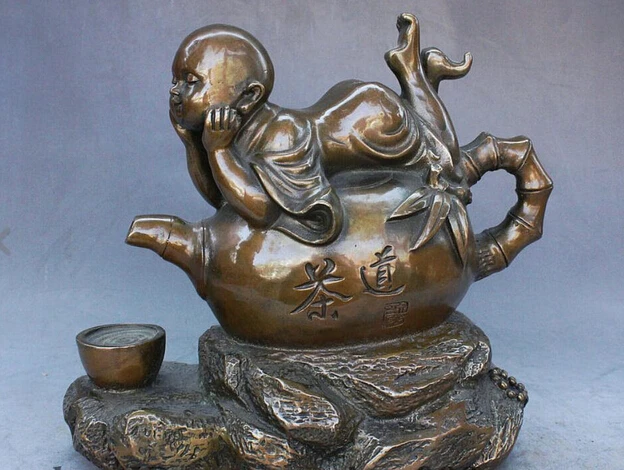 yy ymy 101++++8'' Marked Chinese Buddhism Temple Bronze Bonze Bamboo Tea Pot Flagon Cup Statue | Дом и сад