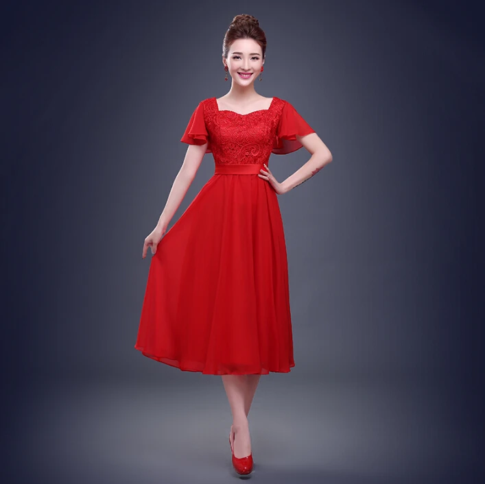 simple red elegance tea length cap sleeve bridesmaids dresses chiffon