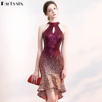 

Partysix Halter Neck Elegant Sequins Dress Short Front Long Back Sparkle Eevning Party Dress
