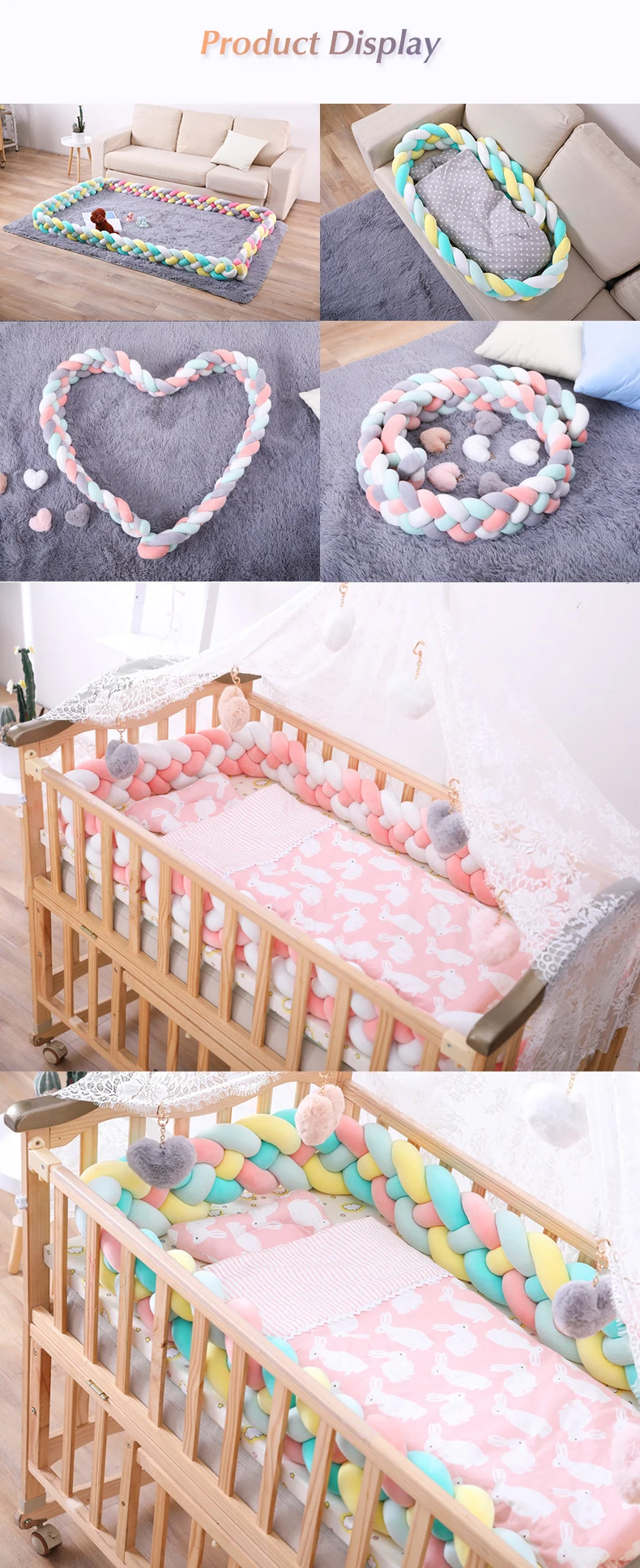 Baby Shining 4 Strands Newborn Crib Bumper 2M/3M Infant Bed Protector Room Decor 17CM(6.7in) Height Pure Weaving Plush Knot