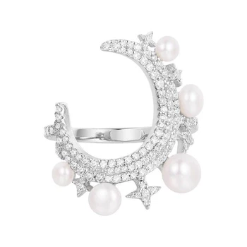 

New Cool Zircon FESTIVAL New Moon Star Finger Ring Pearl 925 Sterling Silver Women Monaco One Thousand And One Nights Jewelry