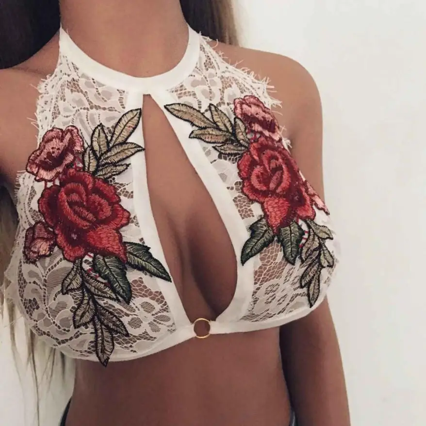 Halter Bralette Для женщин летние топы Sexy кружева вышитые цветочные аппликации Bralette полная чаша Топ Colete Feminino Горячая#5