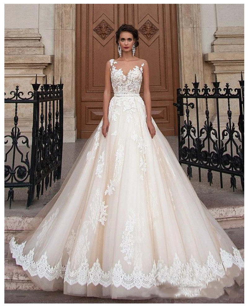 

smileven Lace Appliques Elegant Wedding Dress Vestidos de novia 2019 Light Champagne Bridal Dress Sexy Wedding Gowns