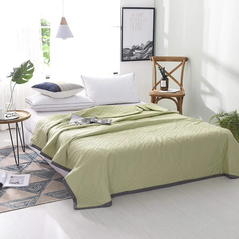 Grass Green Solid Color Quilted Gray Edging Bedding Summer Quilt