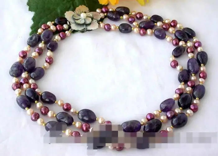 

3345 3row purple pink round pearl massive amethyst necklace