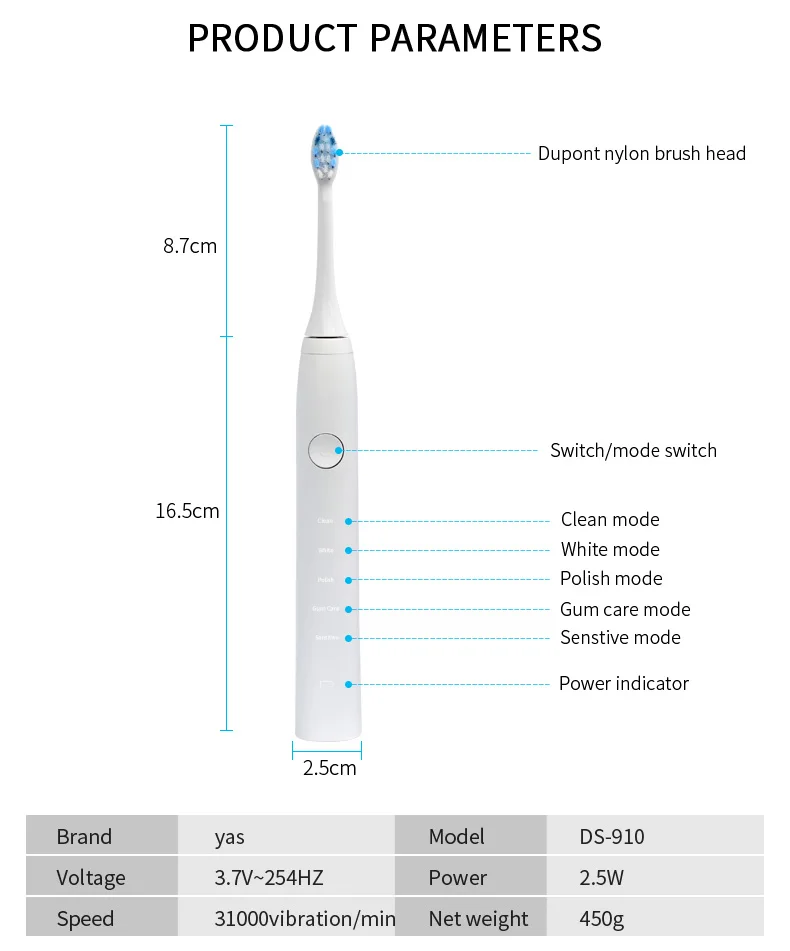 Ultrasonic Sonic Electric Toothbrush 5 Modes Rechargeable USB Charging IPX7 Waterproof 2pcs Heads for Adults Deep Clean