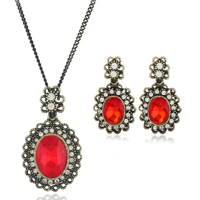 Chadestinty Red Black Jewellery Sets For Women Retro Crystal Pendants