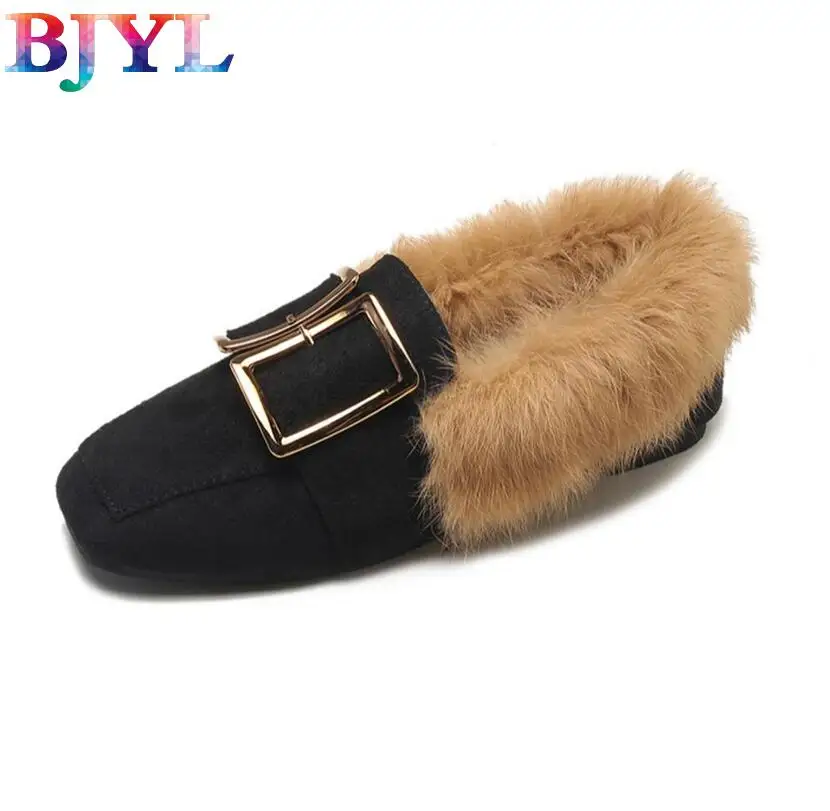 

BJYL Single shoes female 2018 autumn and winter new retro square head peas shoes fashion wild buckle plus velvet lazy shoes
