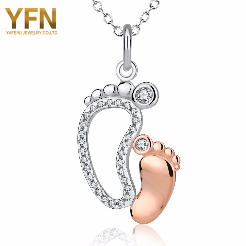 Image YFN Real 925 Sterling Silver CZ Rhinestone Mother and Baby Foot Pendant Necklace Mom Son Daughter Family Gift Jewelry GNX13838