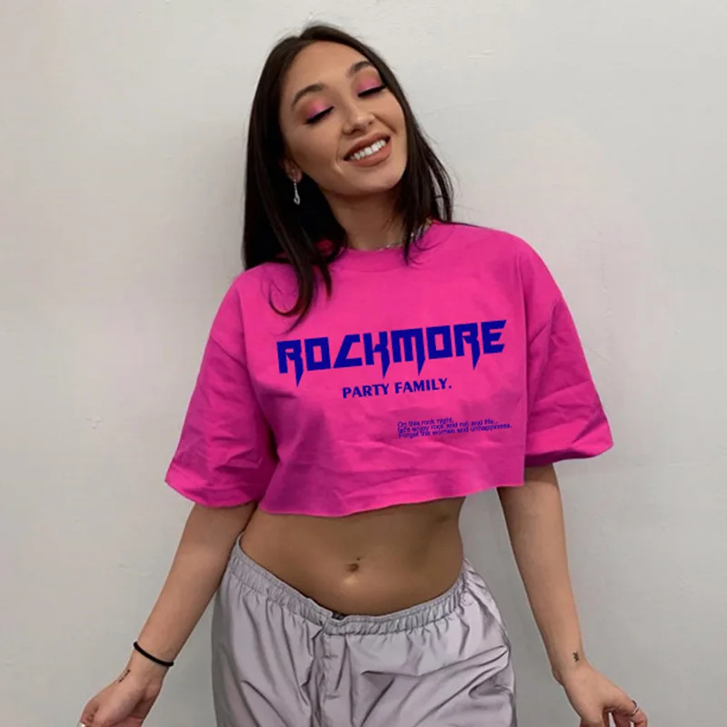 

Harajuku Rock More Party Family Pink T Shirt Women Casual Short Sleeve Crop Tops Tees Dance Hip Pop Woman Tshirt Streetwear Top