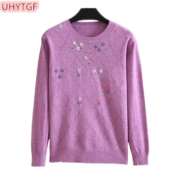 

UHYTGF Plus size Women Knit Sweater Bottoming Shirt Plant Embroidery Spring Autumn Coat Women Knitt Tops Long sleeve Pullovers 6