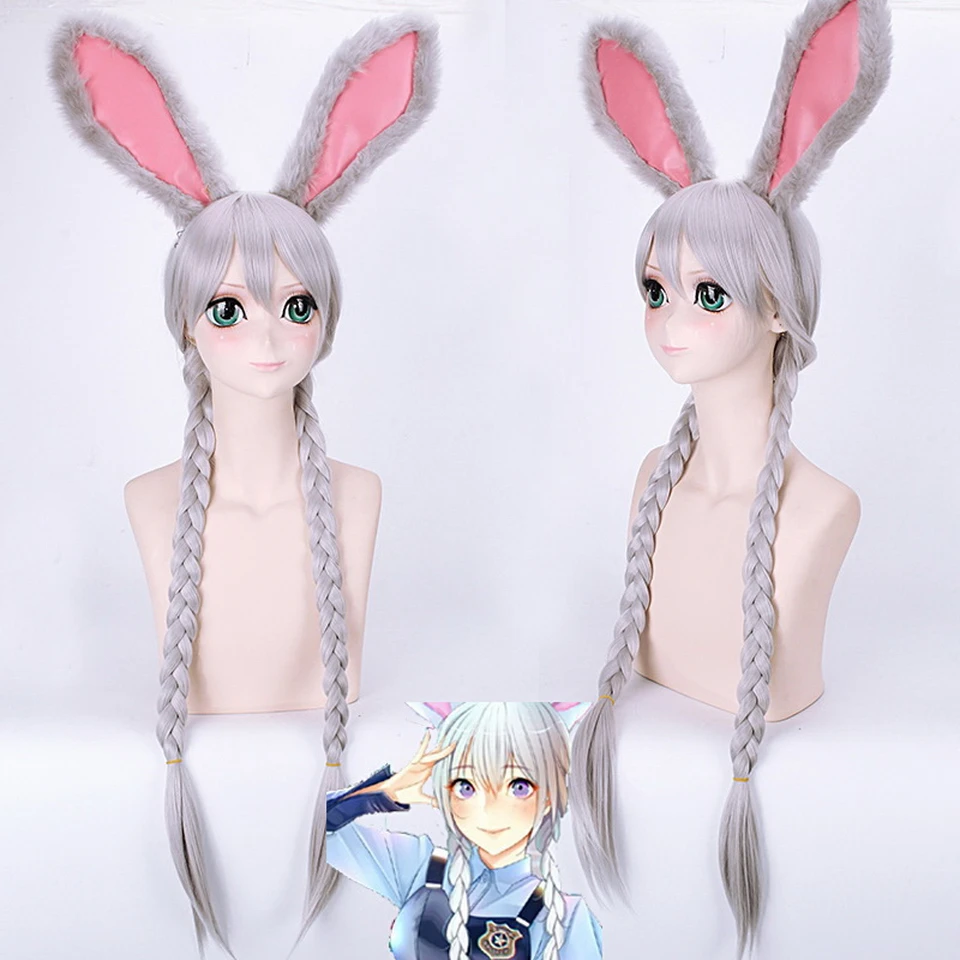 

80cm Zootopia Judy Rabbit Cosplay Wig Long Silver Grey Braided Wigs Hair Anime Costume Heat Resistant Synthetic Fiber