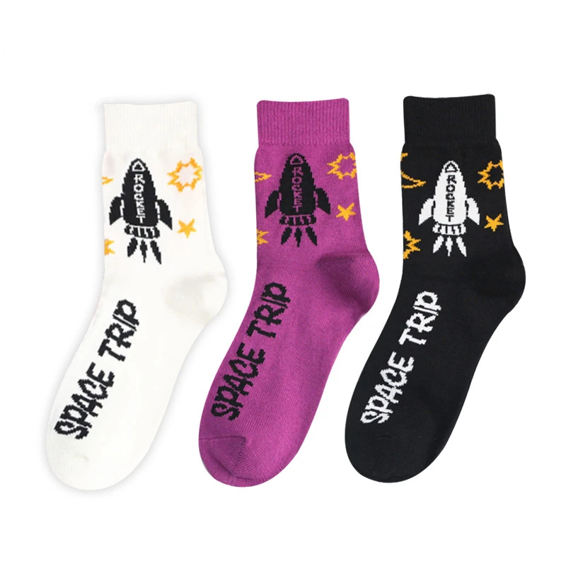 Носки с изображением ракеты для взрослых, хлопковые носки с изображением космоса, Луны, солнца, звезды, мультфильма, шаттл, астронавт, галактика, Межзвездный подарок