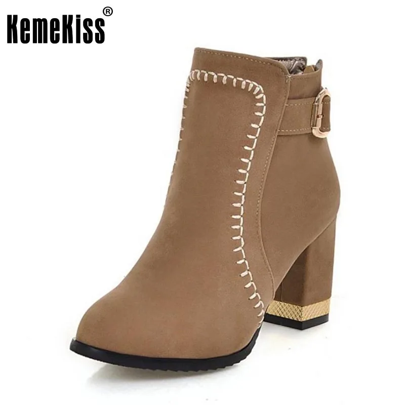 

KemeKiss Size 32-43 Ladies Ankle Boots Round Toe Buckle Thick High Heels Zipper Shoes Women Concise Office Lady Daily Footwear