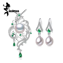 MINTHA 925 серебро натуральный жемчуг комплекты украшений для женщин Изумрудный Висячие серьги подвеска в виде феникса колье, свадебные украшения