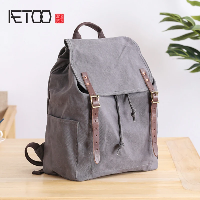 

AETOO Shoulder bag male canvas stitching cowhide casual bag retro large capacity men's travel backpack