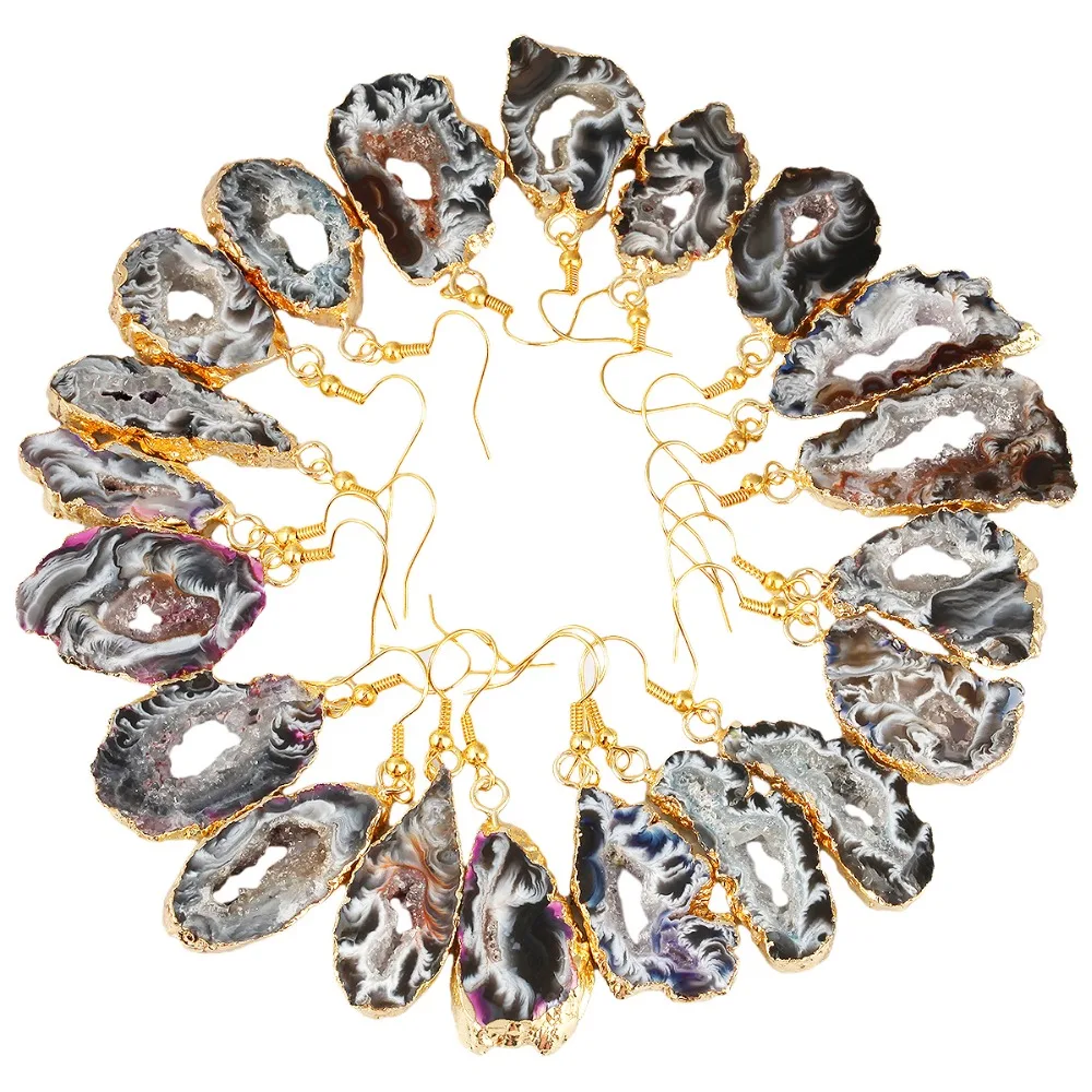 TUMBEELLUWA Freeform Irregular Natural Agate Quartz Geode Druzy Slice Drop Dangle Hook Earrings Trendy Women Jewelry Fashion