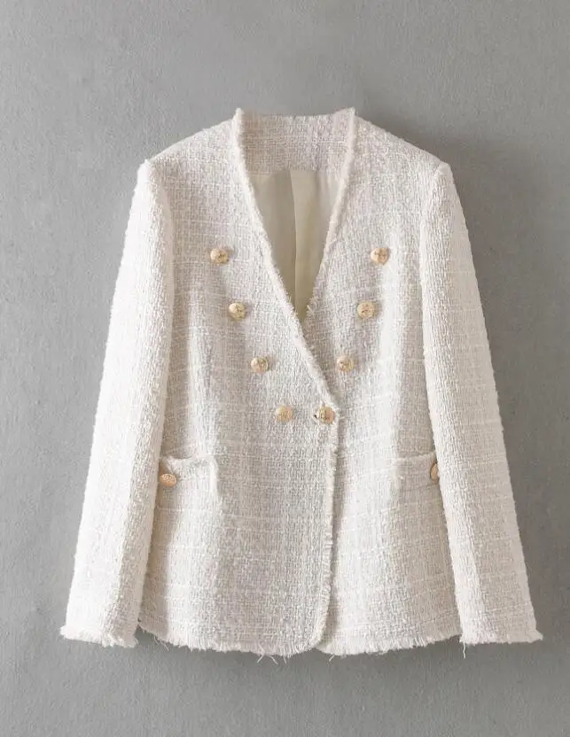 

2019 new women's elegant white coat double-breasted V-neck button jacket office casual jacket