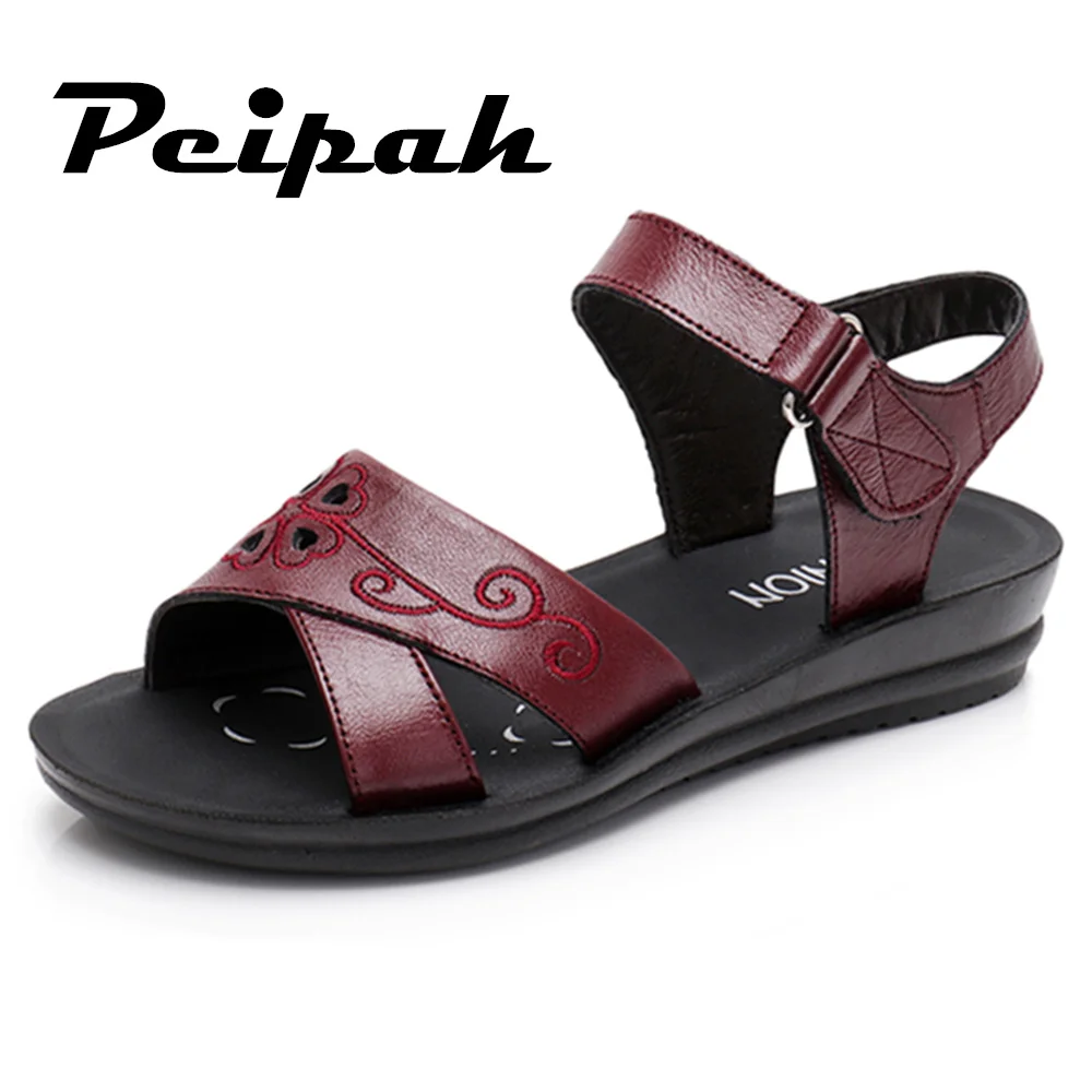 PEIPAH Retro Classics Women Sandals Genuine Leather Buckle Strap Flat ...