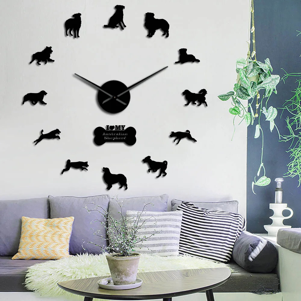 Aussie Australian Shepherd Dog Sheepdog Frameless Acrylic Mirror Stickers Decor DIY Big Wall Clock Australian Large Wall Clock