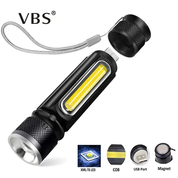 

Super Bright 1200ML Zoom LED Flashlight USB Rechargeable 18650 battery T6 Torch Side COB Flashlight Led Magnet Work Light Lamp